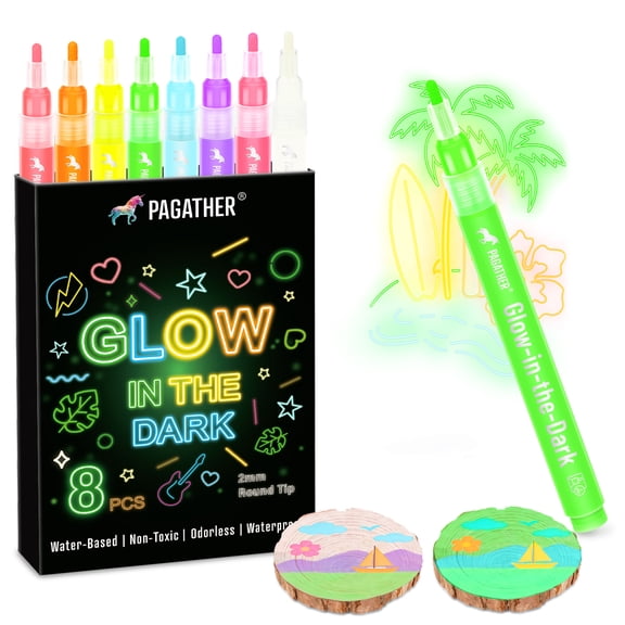 8 Colors Glow in the Dark Markers – 2mm Round Tip Neon Fluorescent Paint Pens for Rock Painting, Fabric, Glass, Wood, and DIY Crafts