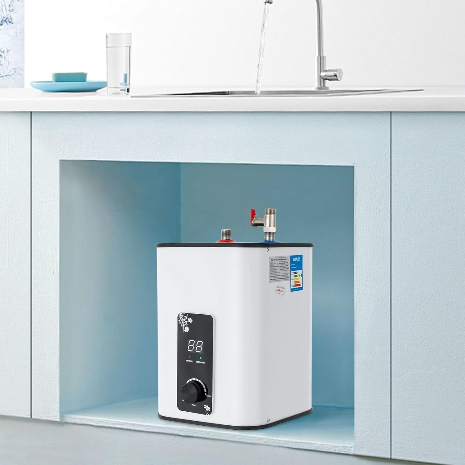 Miumaeov Electric Tank Water Heater, 8L Tank Water Heater for Point of Use Instant Hot Water 1500W Plugin to Use, Wall or Floor Mounted