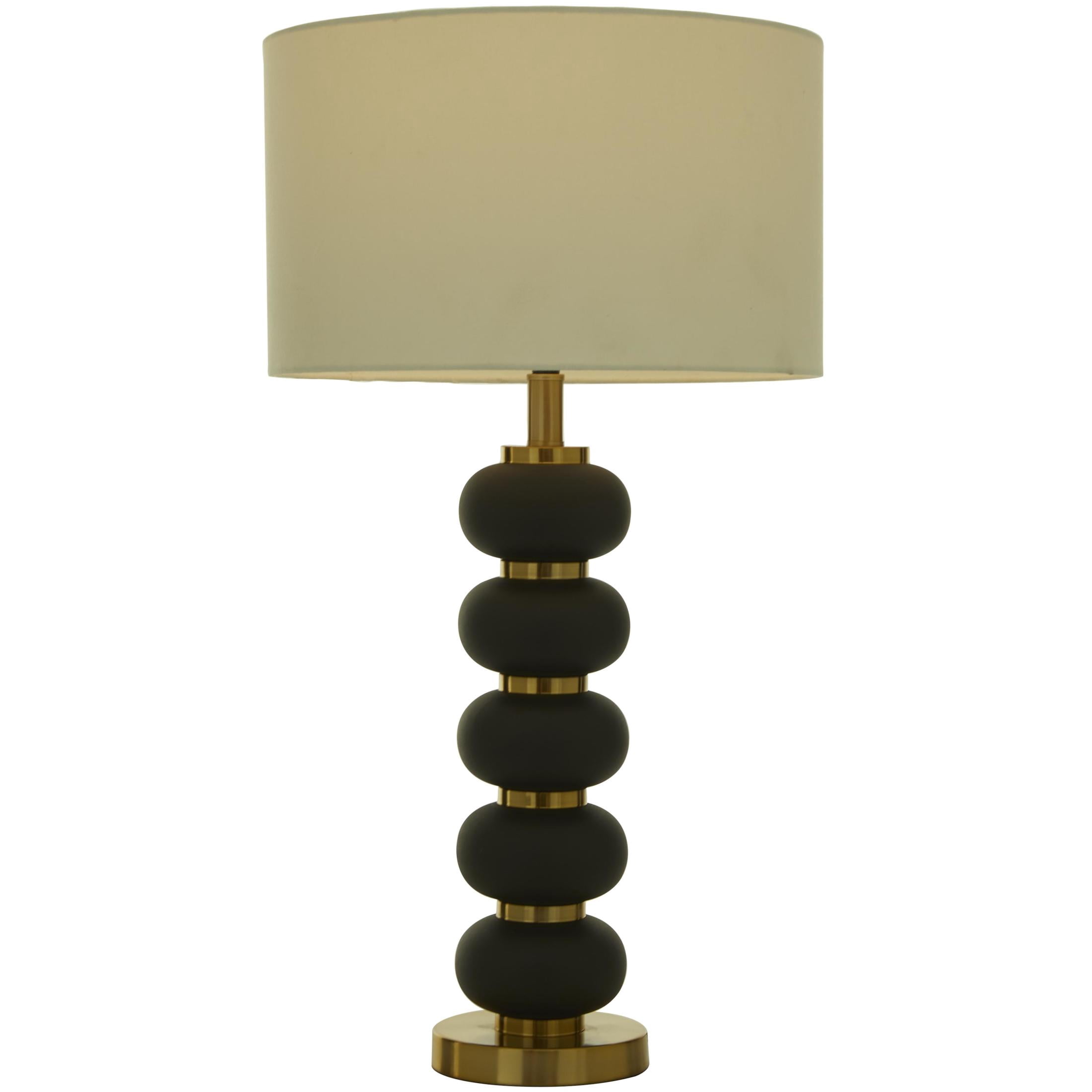 DecMode Metal Contemporary Drum Shaped with Oblong Shaped Accent Table Lamp 15"W x 28"H, Matte Black and Metallic Gold Finished Body with White Linen Lampshade