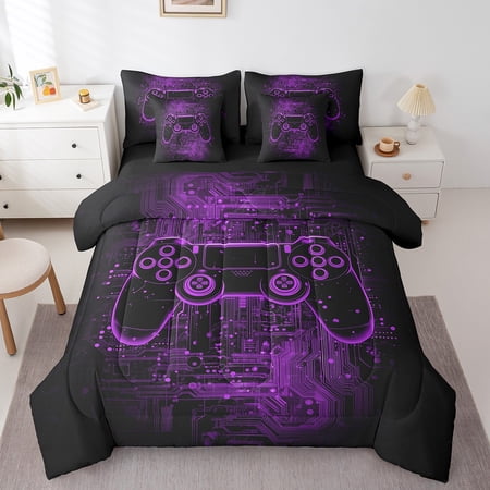 Erosebridal Abstract Gamer Bedding Sets Twin Size,Black Purple Comforter Sets with Sheets,Video Game Bed in a Bag Twin size,Breathable Boys Bedroom Decor,Reversible,7pcs