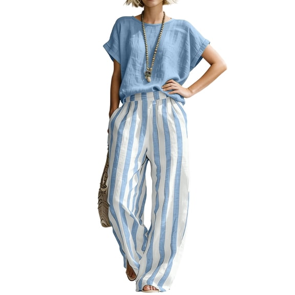 Textilo Women's Sets 2 Piece Outfits Cotton Linen Striped Shirts and Pants Short Sleeve Wide Leg Outfits Cozy Loose-Fit Summer Travel Casual Outfits Tracksuit,Blue S