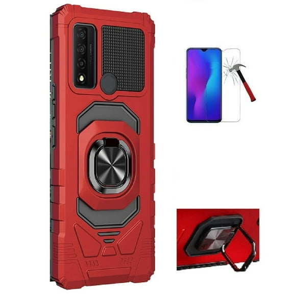 Tommulti Case for TCL 30 V 5G (Verizon),  Ring Stand Tough Hybrid Case Cover   Tempered Glass Screen Protector (Red)