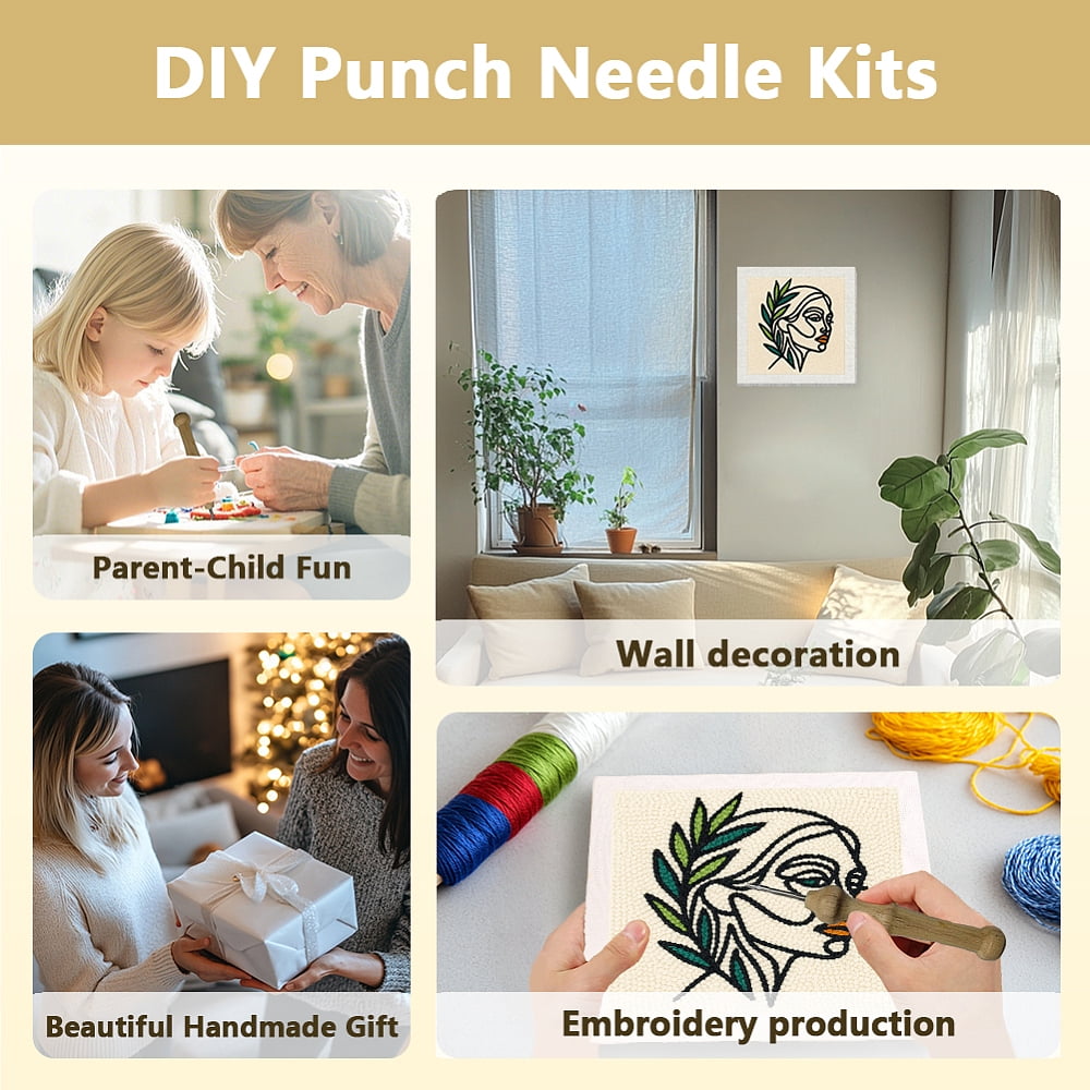 Polyester Cotton Punch Needle 4Folded Yarns Embroidery Kits Included Threader Cotton Thread Punch Needle Thread Clips 3.5MM Wooden Needle Human DIY