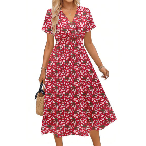 UVN Women Summer Dresses Short Sleeve V Neck A-Line Midi Dress Ladies Boho Beach Floral Print Sundress