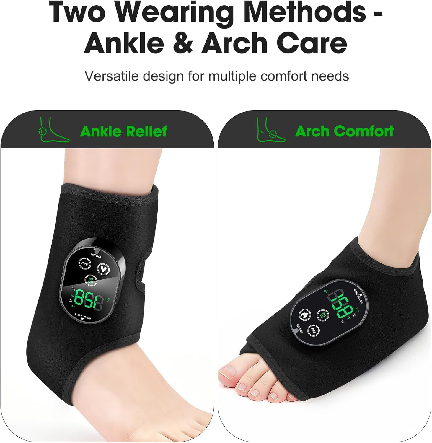 Ankle Heated Massager, Ankle Heating Pad, Foot Heated Massager Brace with 6 Heat, 3 Vibration & Timer Modes, Adjustable Strap, Dual Motor, 3000mAh Battery for Left/Right Feet, Black 2pcs
