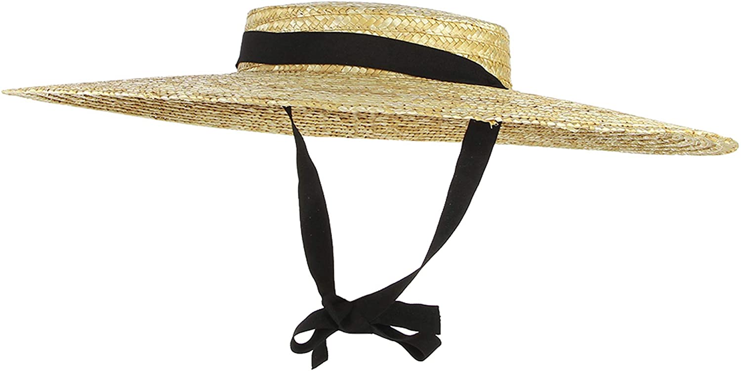 Vintage Boater Straw Hat Wide Brim Flat 