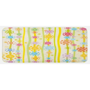 Floral Kitchen Mat, Vertical Lines with Colorful Cartoon Style Flowers and Dots Girls Fun, Plush Decorative Kitchen Mat with Non Slip Backing, 47" X 19", Multicolor, by Ambesonne