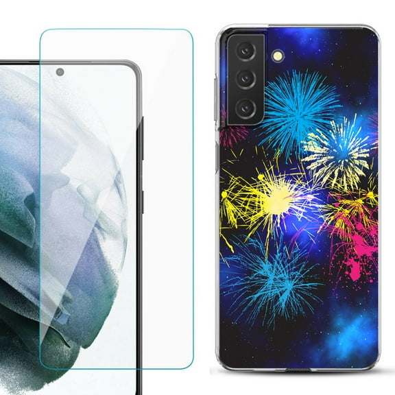 Slim-Fit TPU Fashion Phone Case for Samsung Galaxy S21 FE 5G Fan Edition, with Tempered Glass Screen Protector, by OneToughShield ® - Fireworks