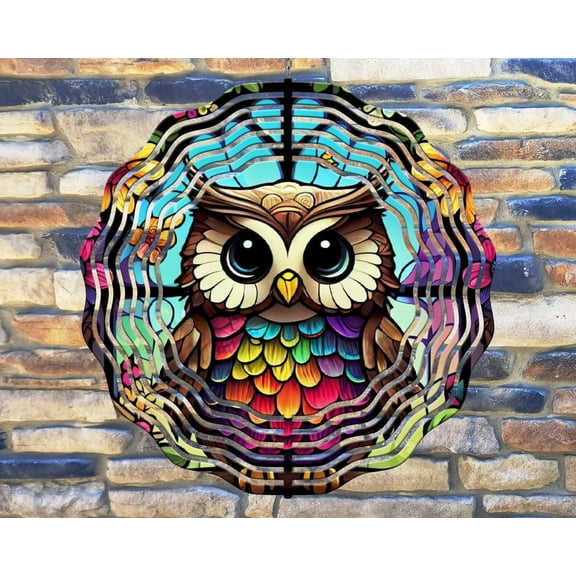 10 Inch Owl Stained Glass Look Wind Spinner Yard Decor Aluminum Sublimated Garden Art Indoor Outdoor 3D Kinetic …