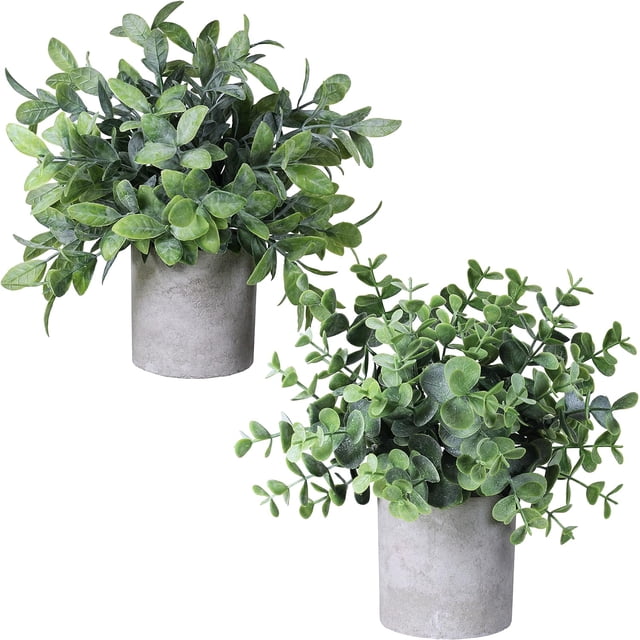 2 miniplantas artificiales en maceta de eucalipto, boj en macetas, arreglo de vegetación falsa para mesa interior de granja rústica