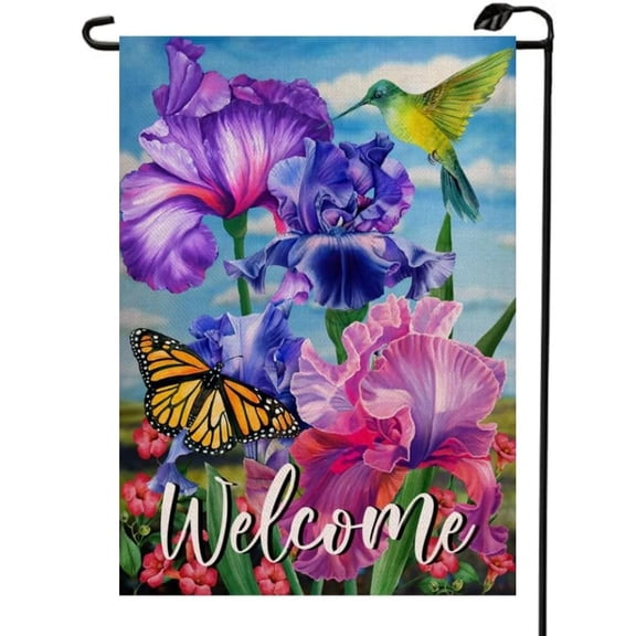 Welcome Purple Iris Hummingbird Garden Flag 12x18 Double Sided Spring Summer Yellow Butterfly Outdoor Decor CJ13
