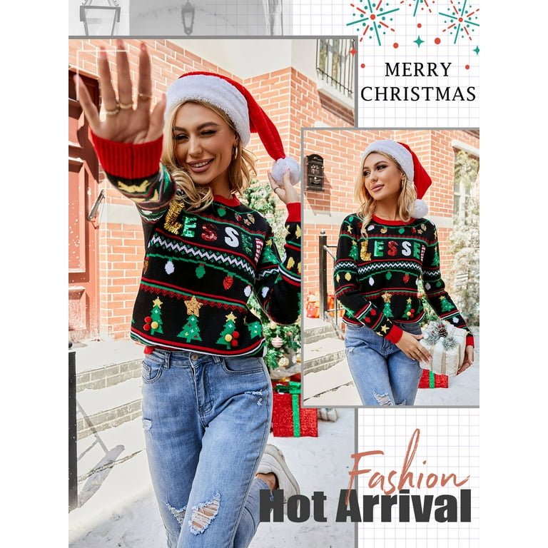 ZXSXSY Women Christmas Sequin Letter Print Crew Neck Long Sleeve