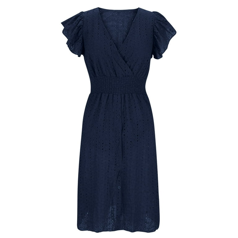 AKOEE Summer Dresses for Women Party Outfit V Neck Ruffle Fly Sleeve Casual Eyelet Button Up Smocked Knee Length Dress (M, Navy), Women's, Size: AKOEE Summer Dresses for Women Party Outfit V Neck Ruffle Fly Sleeve Casual Eyelet Button Up Smocked Knee Length Dress (M, Navy), Women's, Size:
