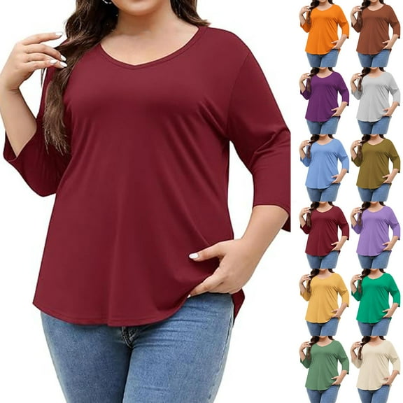 Horkkom Plus Size Tops for Women V Neck Solid Color 3/4 Length Sleeve Tops Fall Casual Tunic Tops Red 2XL
