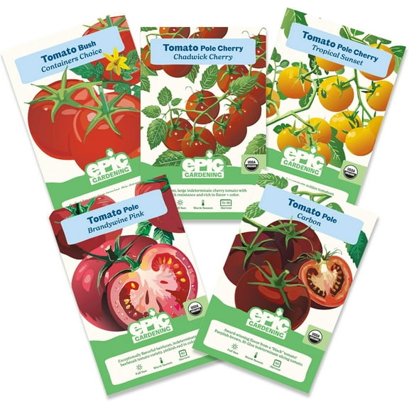Epic Gardening Tomato Lovers Seed Bundle, 5 Juicy Varieties, Includes Brandywine, Chadwick Cherry & Tropical Sunset, Grow Non-GMO Tomatoes for Meals