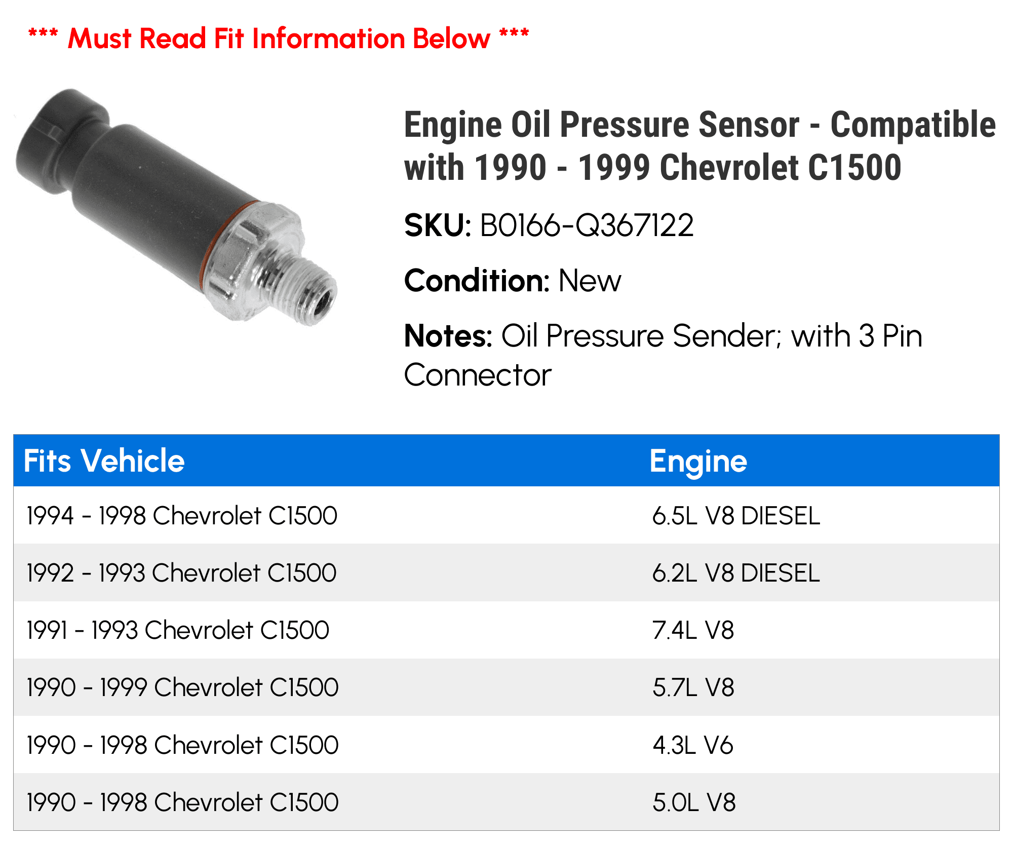 Engine Oil Pressure Sensor - Compatible with 1990 - 1999 Chevy C1500 1991 1992 1993 1994 1995 1996 1997 1998