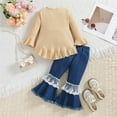 thumbnail image 4 of Atogsazn Baby Girl Clothes Set Kids Ribbed Long Sleeve Tops and Flare Leg Jeans Outfit with Headband Fashion Beige 3-4 Years, 4 of 9