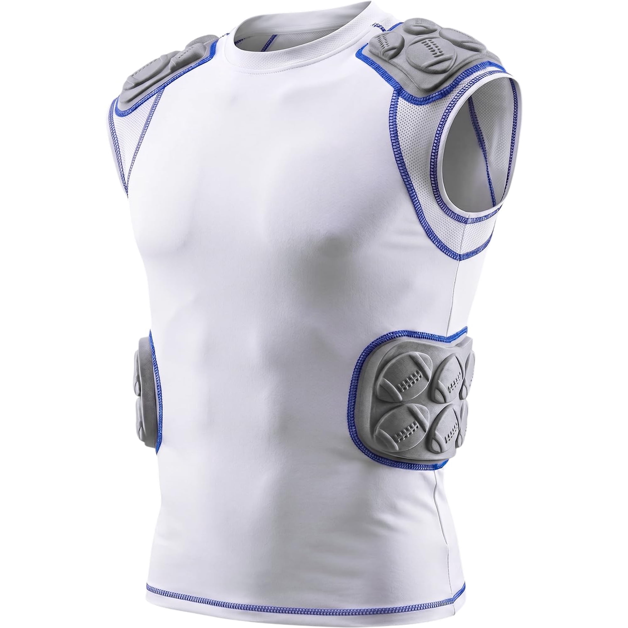 Exxact Sports Defender Youth Padded Football Shirt - Football Rib Protector with Shoulder & Spine Football Pads, 5-Pad Football Compression Shirt (White, Youth Small)