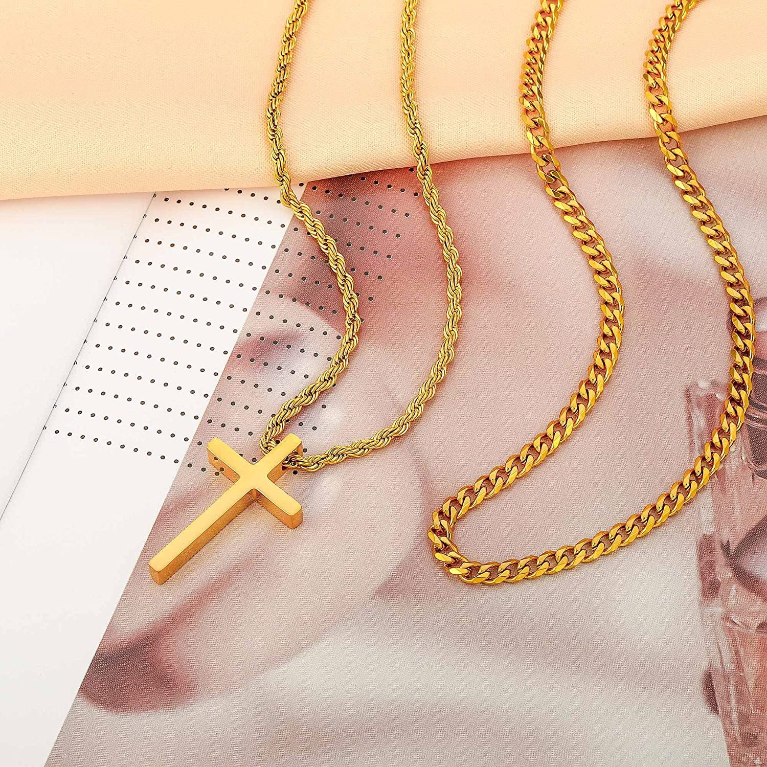 ADORATO JEWELRY 14K Gold Chain Style Cross Pendant Necklace Solid Clasp for  Men, Husband Thin for Charms Miami Cuban Link Diamond Cut Religious Beveled  Edge (20) | Amazon.com