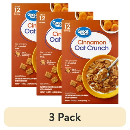(3 Pack) Great Value Cinnamon Oat Crunch Whole Grain Oat Cereal, 18 Oz