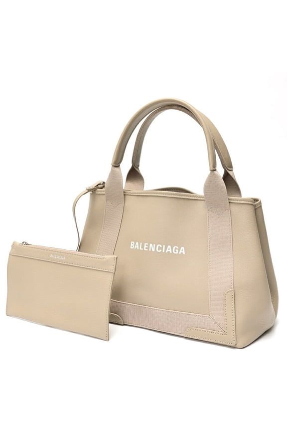 Pre-Owned Balenciaga Navy Cabas S Tote Bag 339933 Leather Beige K-158811 (Good)