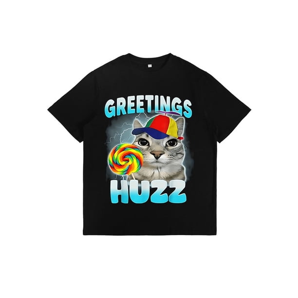 Where The Huzz at Print for Mens Tops Playful Cat Funny Graphic Tees Guaranteed to Get Smiles Casual T-shirts Black,M