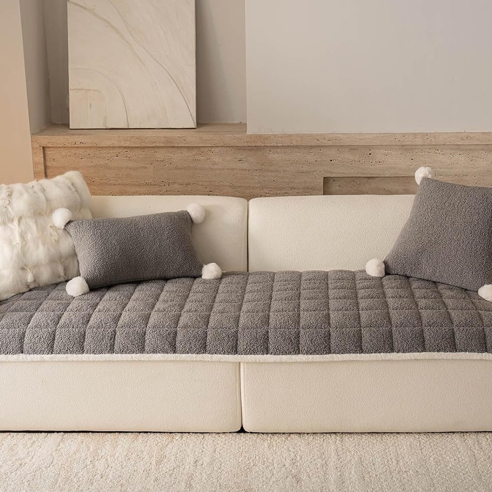 Thick Plush Sofa Cushion 70x120cm, Non-Slip Winter Seat Pad, Straight-Line Design Fixed with Straps, Soft Gray Polyester, for Living Room Couch Decor