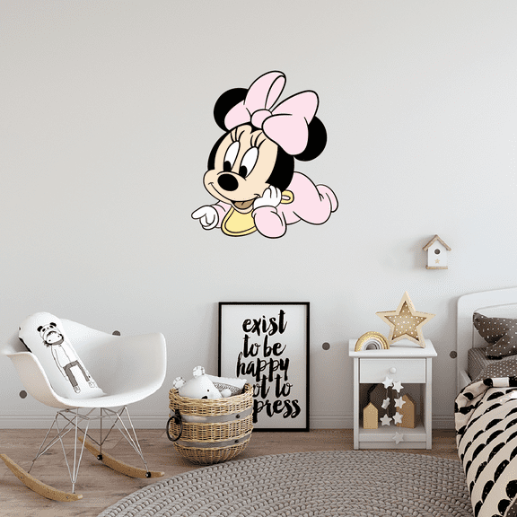Kids Nursery Bedroom Walt StickerDecal Young Minnie Mouse Wall Art Decal - 20" x 22" Vinyl Adhesive Home Decor Cartoon Character Design Removable Decoration Sticker - Multicolor