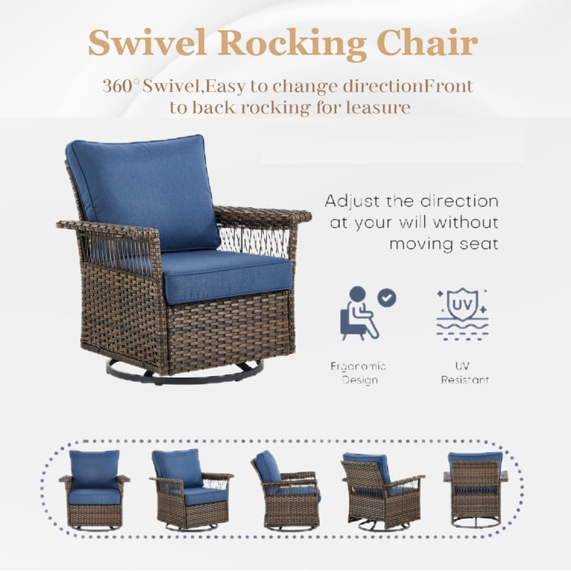 PARKWELL 6 Pieces Patio Furniture Set with Fire Pit Table, Outdoor 7-Seat Wicker Conversation Couch Set with Swivel Gliders Chairs, Deep Seating Furniture for Porch Deck, Brown/Navy