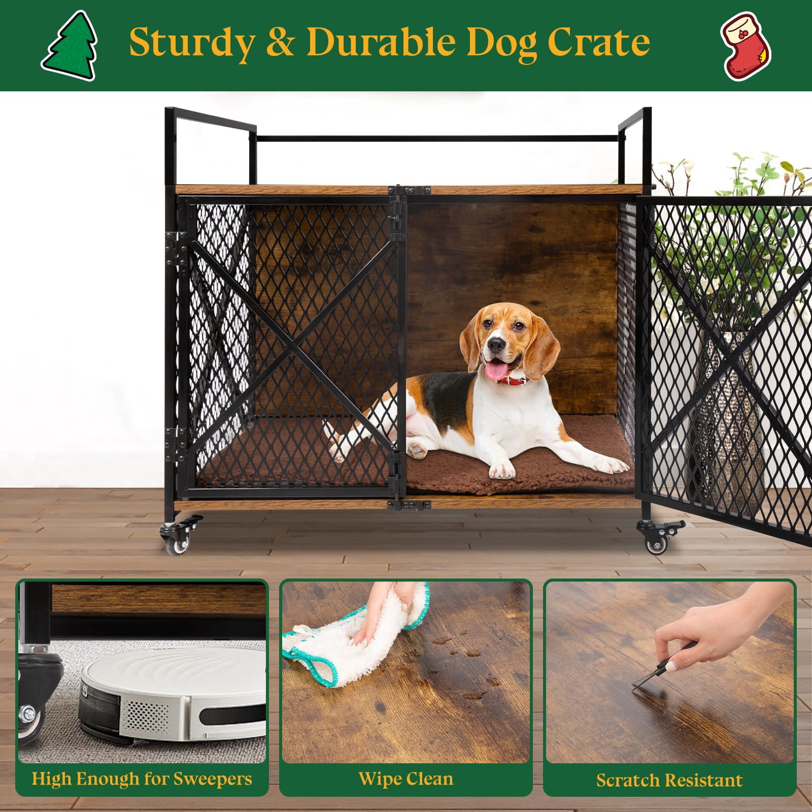 Gowoodhut Dog Crate, 31"L Wooden Dog Kennel Furniture with Cushion