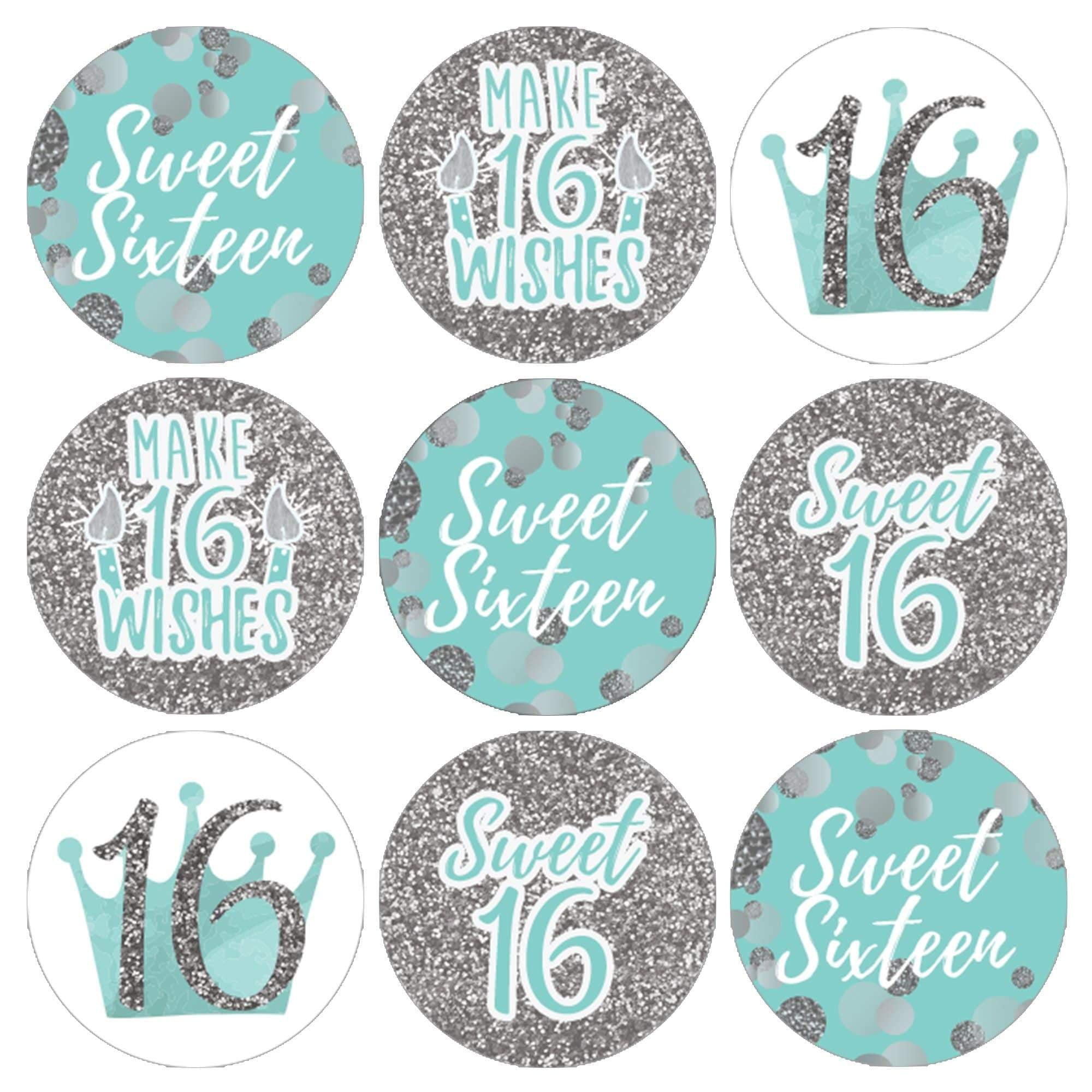 Sweet 16 Teal and Silver Birthday Kisses Candy Stickers