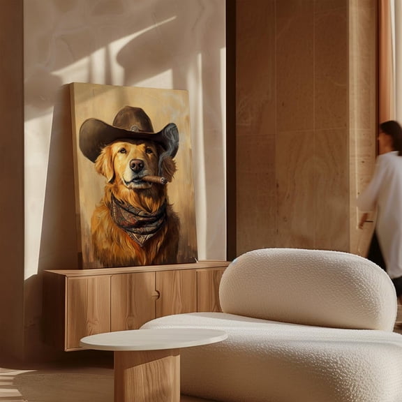Velto Cowboy Dog Canvas Art, Golden Retriever with Hat and , Rustic Country Canvas Pet Portrait, SIZE 8x10 INCLUDE Pine Wood Frame 1.25-Inch