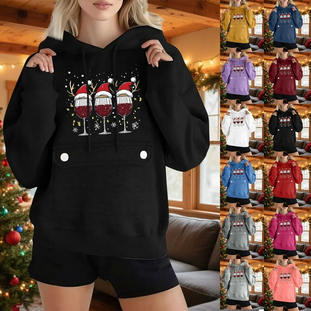 Sentmoon Pullover Sweaters for Women Drawstring Long Sleeve Sweatshirt Women Plus Size Loose with Pockets Christmas Printed Breathable Womens Hoodies Fall and Winter for Everyday Wear White S