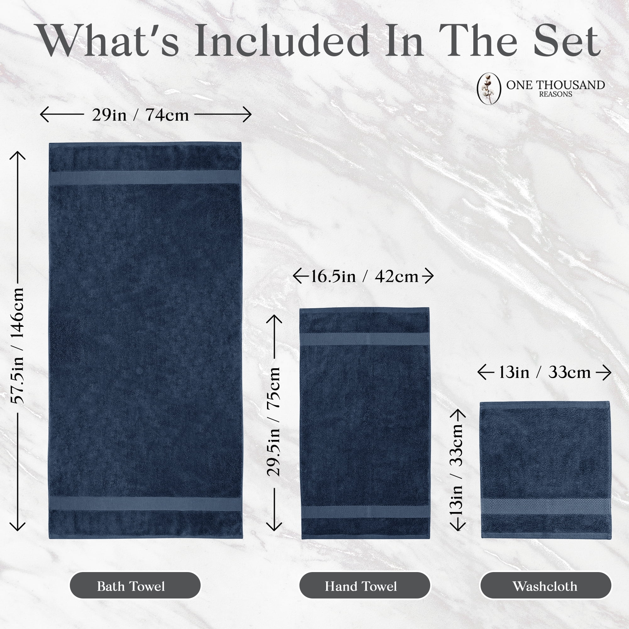 One Thousand Reasons Superior Zero Twist 1 Stripe Towel Set | Bath, Gym, Hand Towels | Luxury & Soft Cotton - Midnight (6 Pieces)