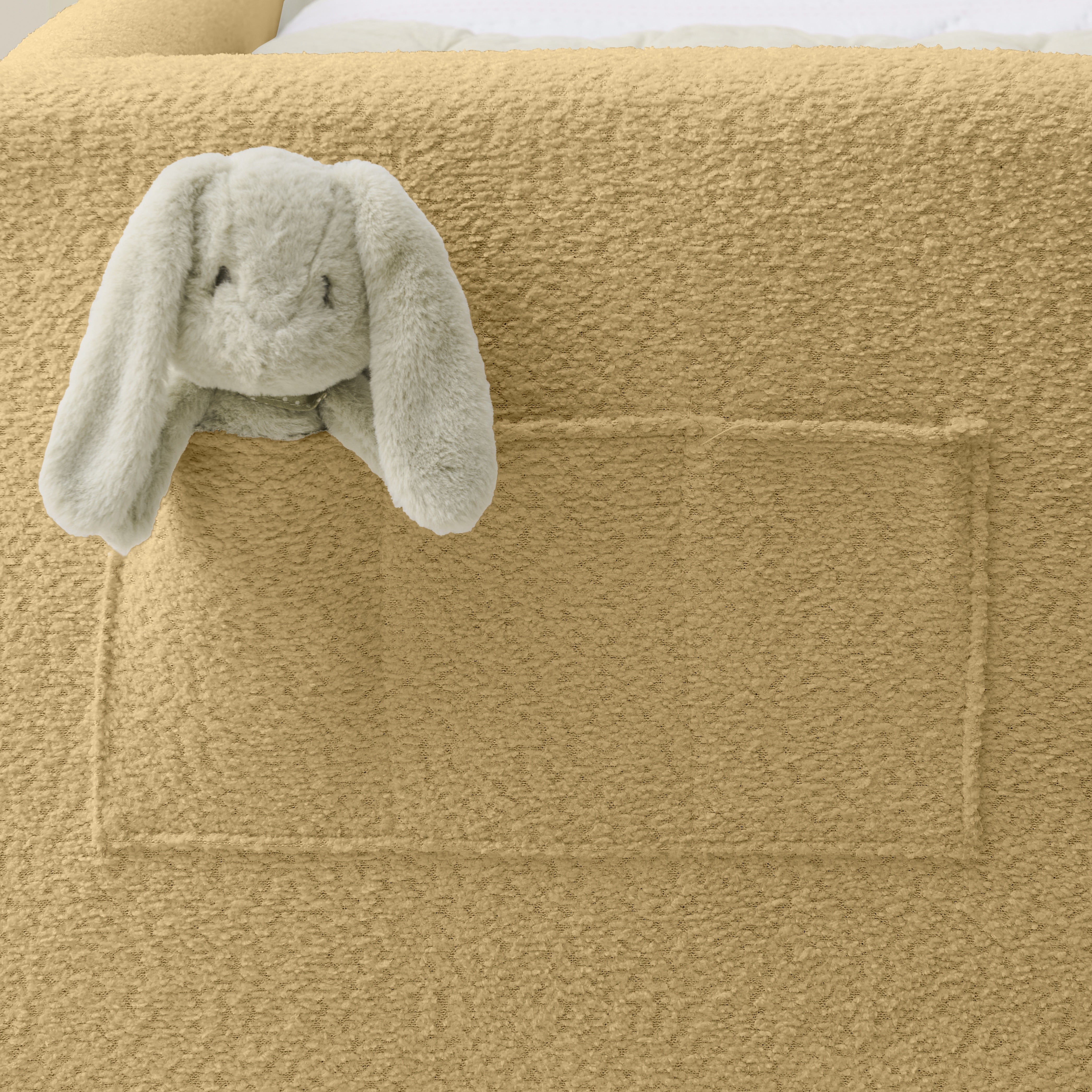 PORKISS Twin Bed Frames for Kids, Boucle Upholstered Platform Bed Frame with Safety Rails, Cute Bunny Ear Cartoon Bed with Storage Pocket, Yellow