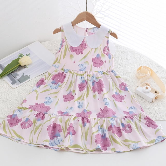 LOVZFMLL Robe d'Été à Imprimé Floral pour Filles Manches Courtes Col Rond Jupe Princesse
