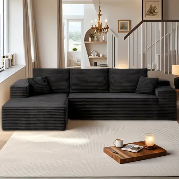 VERDECORE 96" Cloud Sectional Couch, Corduroy Velvet Upholstered L-Shape Chaise Lounge, Black, Left Chaise, for Living Room & Bedroom