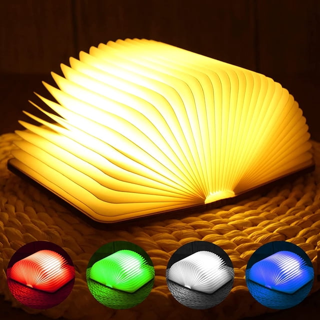 Lámpara LED plegable de madera para libros, 5 colores, lámpara de mesa, 12 x 9 x 2,5 cm, con forma de libro, recargable por USB, ideal para regalo de Navidad, plegable y magnética.