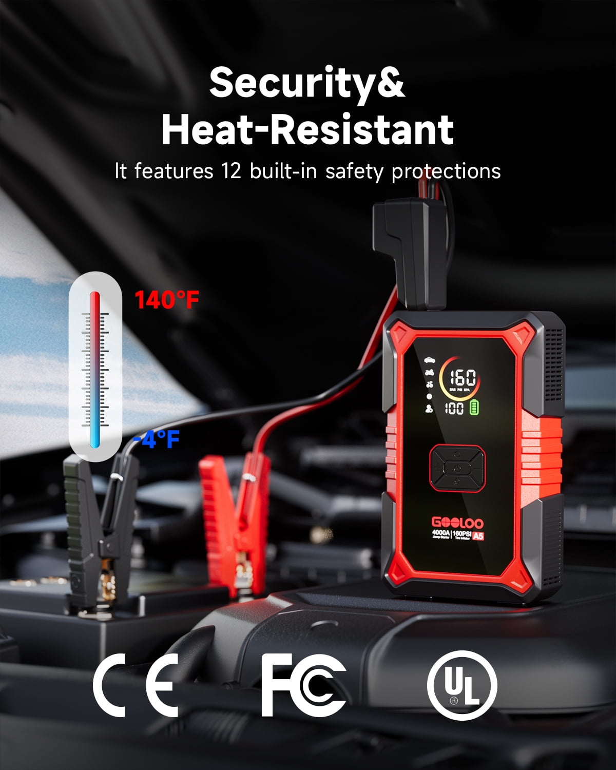 GOOLOO A5 Jump Starter with Air Compressor, 4000A Car Battery Jump Starter for All Gas & 10.0L Diesel Engines, 45W PD Fast Charging, Portable 12V Jump Box with 160 PSI Tire Inflator Auto Shut-Off