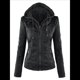 thumbnail image 1 of Chaqueta de Motociclista de con Capucha Desmontable y Mangas Largas para Mujer, Acolchada, Ajustada, de PU, con Cremallera Negro L, 1 of 8