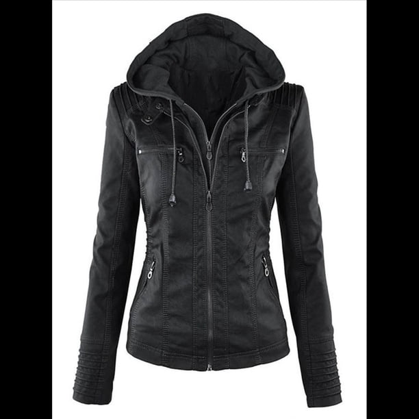 Chaqueta de Motociclista de con Capucha Desmontable y Mangas Largas para Mujer, Acolchada, Ajustada, de PU, con Cremallera Negro L