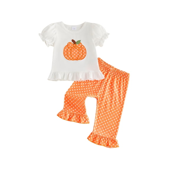 Baby Girl Halloween Outfit Pumpkin Ruffle Short Sleeve Tops Dot Print Bell Bottoms Flared Pants Set Toddler Summer Fall Clothes 6M-4Y