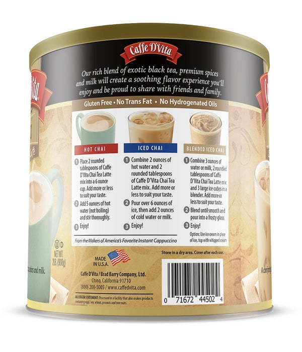 (4 Pack) Caffe D'Vita Spiced Chai Tea Latte Mix, 2lb canisters