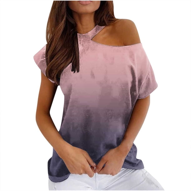 Mujeres Verano Cuello Redondo Manga Corta Estampado Sin Tirantes Camiseta Tops Blusas OAVQHLG3B Store lin121212
