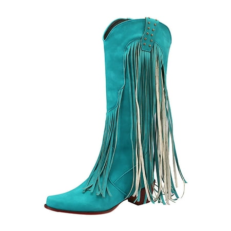 

SEMIMAY Women High Heel Boots Autumn And Winter Foreign Trade Large Size Fashionable Tassel Boots Thick Heel High Tube Comfortable Blue