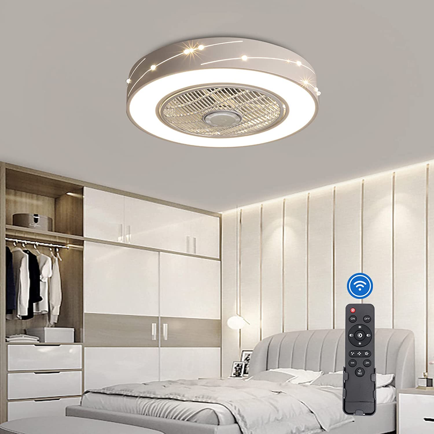 Miumaeov 55CM Modern Meteor Low Ceiling Fan with Light and Remote Control 3 Light Color 3 Wind