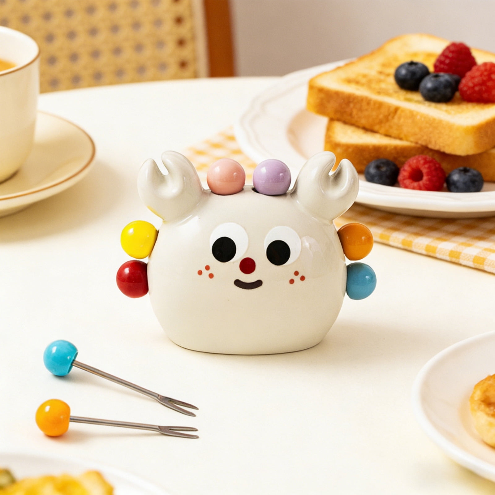 Fruit Fork Set with Holder Ceramic Crab Toothpick Holder with Stainless Steel Picks for Dessert Cake Fruit Appetizer Serving Kitchen Dining Table Decor Accessories