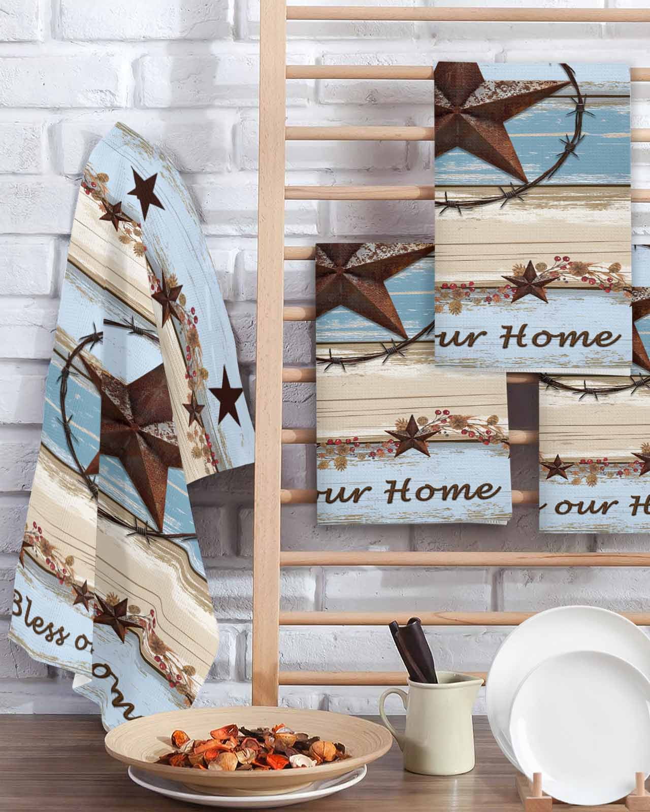 Country Star Blue Kitchen Dish Towels for Drying Dishes Set of 3, Farmhouse Western Texas Star Barn Waffle Weave Microfiber Terry Hand Tea Bathroom Towels Quick Dry & Absorbent Towel 15.7x23.6