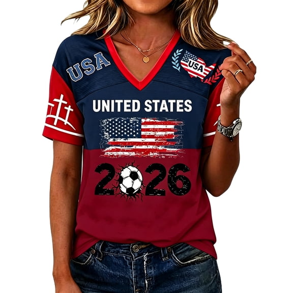 JULMCOMO Women's Summer Tops 2026 Soccer Cup V Neck Short Sleeve Fan Wear USA Soccer Jersey American Flag Football Graphic Tees Wine L
