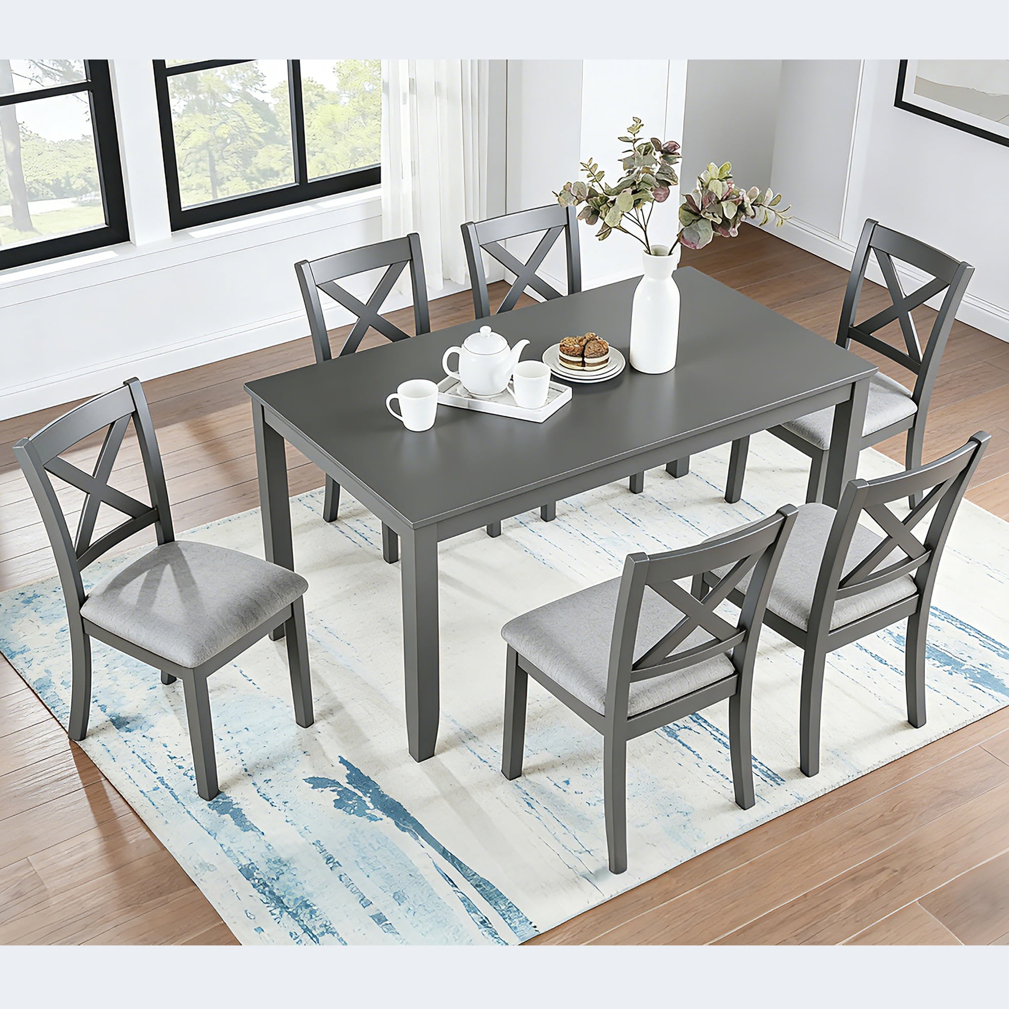 7 Piece Dining Set for 6, 58.5" Rectangular Dining Table with 6 Upholstered Chairs